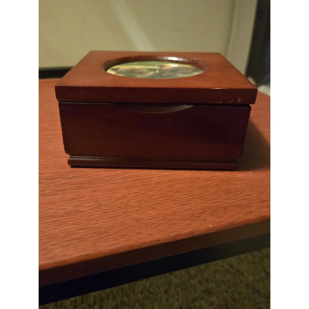 Kmart Vintage Wooden Jewelry Box Puppy Photo Lid Cherry Finish Ring‎ Organizer